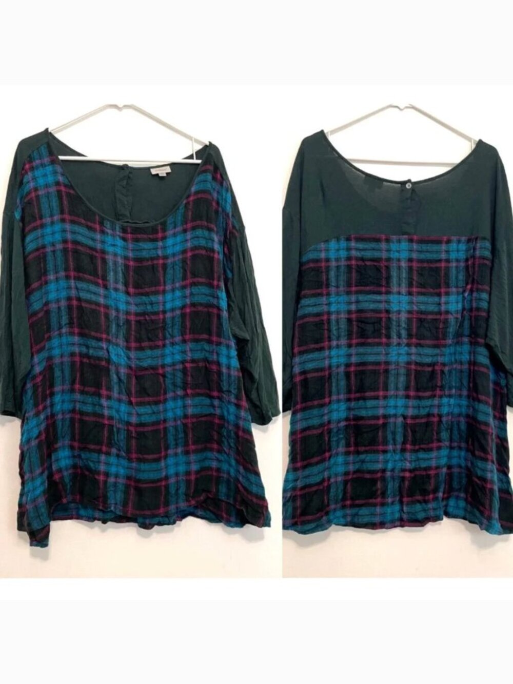 AVENUE Plus Size Dark Green Blue Plaid Flannel Mixed Media Split Back 3/4 Sleeve